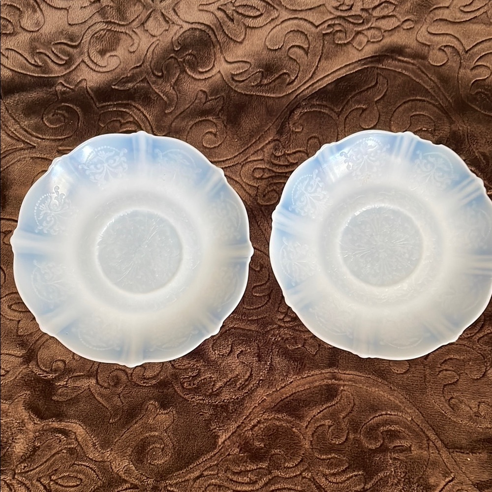 Macbeth Monax American Sweetheart depression glass, 2 saucers.